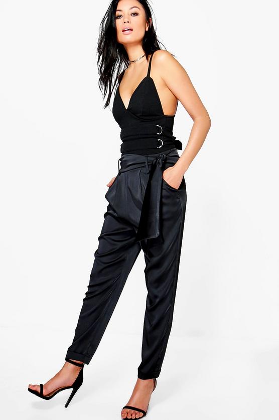 Lillia Satin Tie Waist Slim Fit Trousers